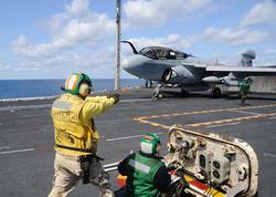 120312-N-JC800-087 ATLANTIC OCEAN (March 12, 2012) Sailors launch an EA-6B Prowler assigned to the Rooks of Electronic Attack Squadron (VAQ) 137 from the aircraft carrier USS Enterprise (CVN 65). Enterprise is deployed as part of the Enterprise Carrier Strike Group to support maritime security operations and theater security cooperation efforts in the U.S. 5th and 6th Fleet areas of responsibility. (U.S. Navy photo by Mass Communication Specialist Seaman Heath Zeigler/Released)